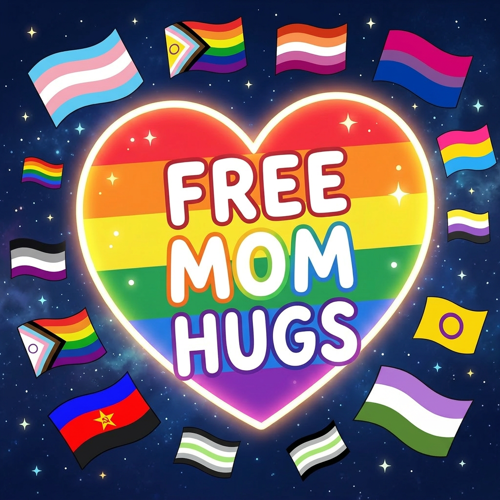 Two people smiling and hugging at a Pride festival with rainbow flags and a heart-shaped 'Free Mom Hugs' sign