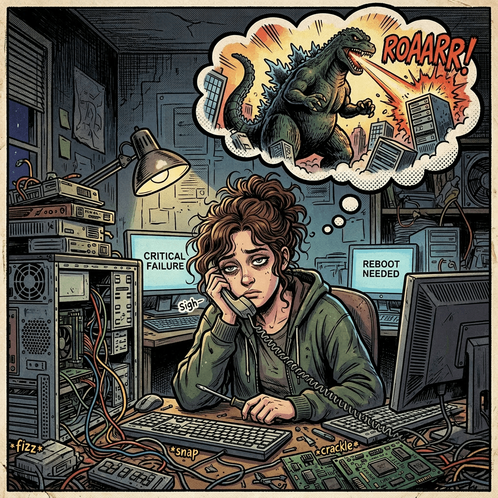 A frustrated person at a cluttered desk with computers showing 'CRITICAL FAILURE' and 'REBOOT NEEDED'