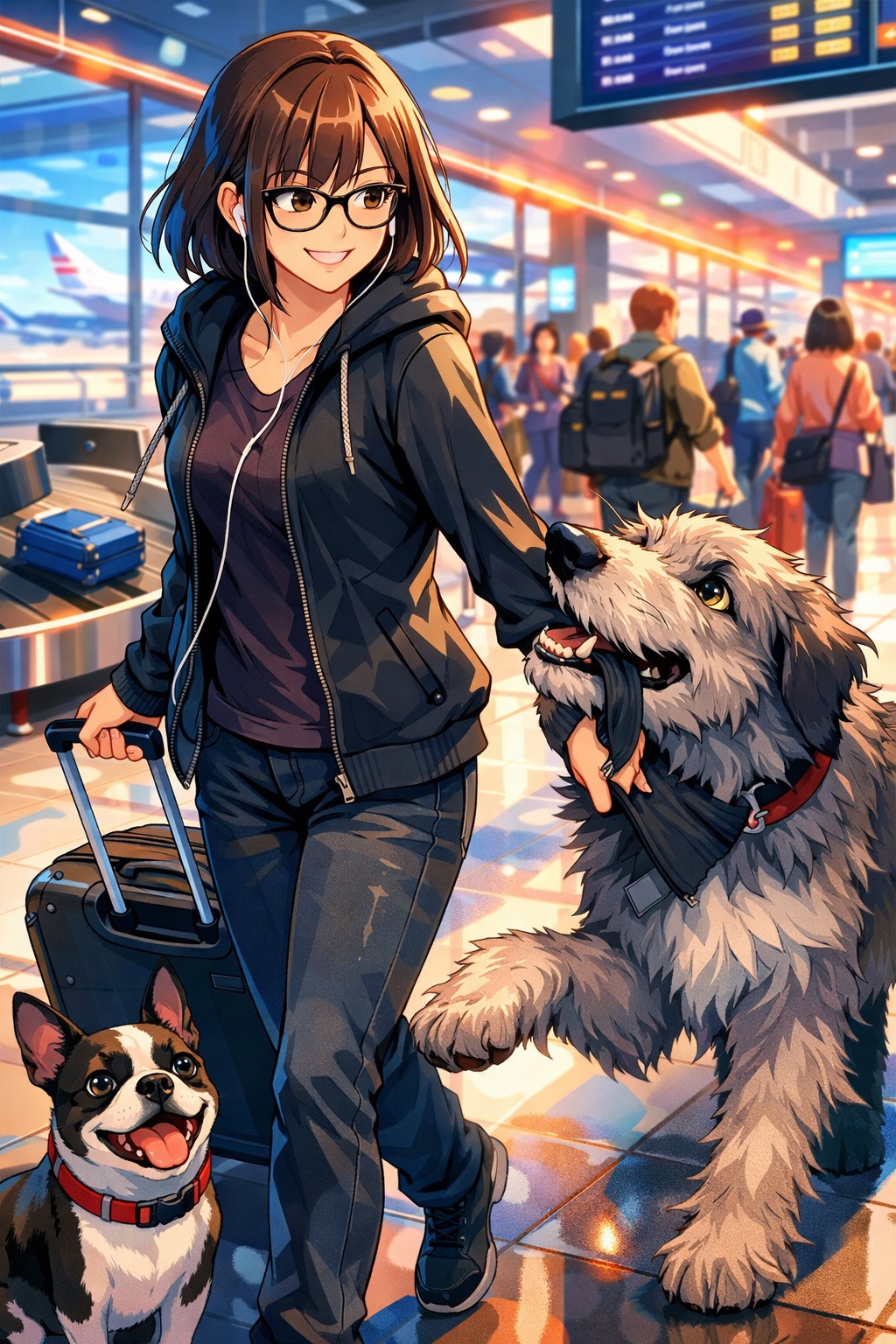 A young woman walking through an airport with two dogs at her side. One is tugging her arm.