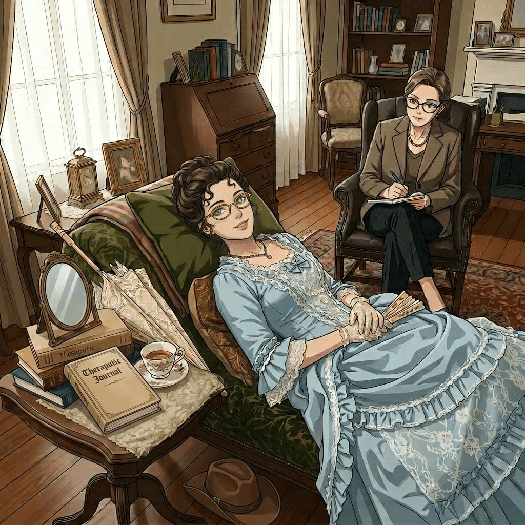 Woman in Victorian dress lying on a chaise lounge during therapy session with therapist taking notes
