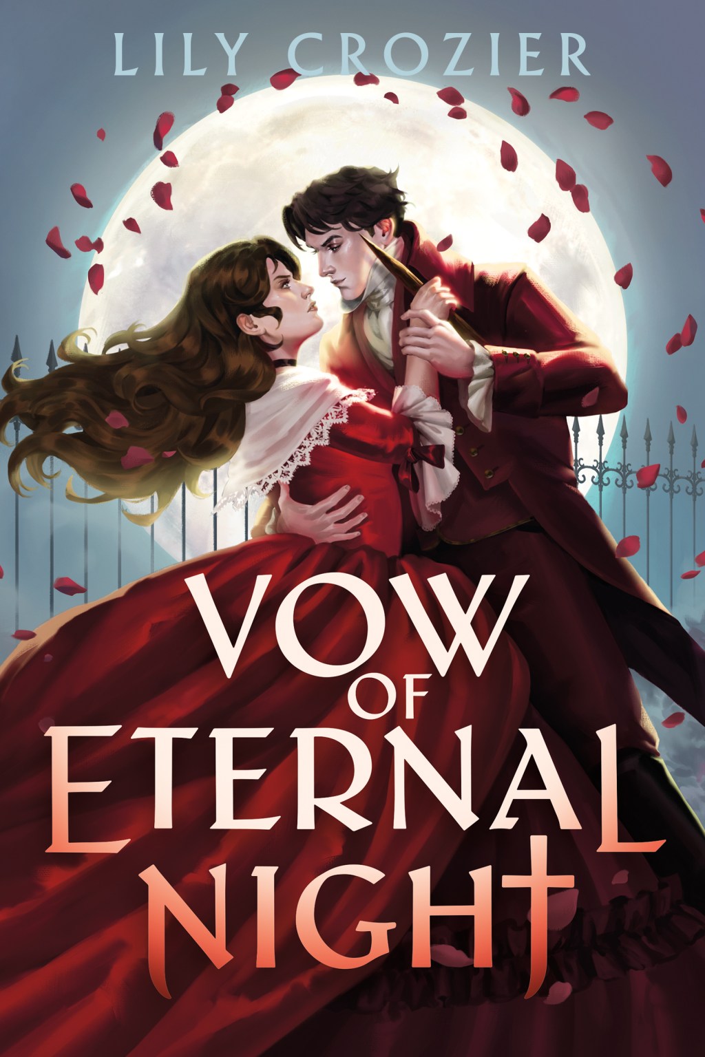Dust jacket of Vow of the Eternal Night by Lily Crozier, featuring the book’s title and the main characters facing each other.